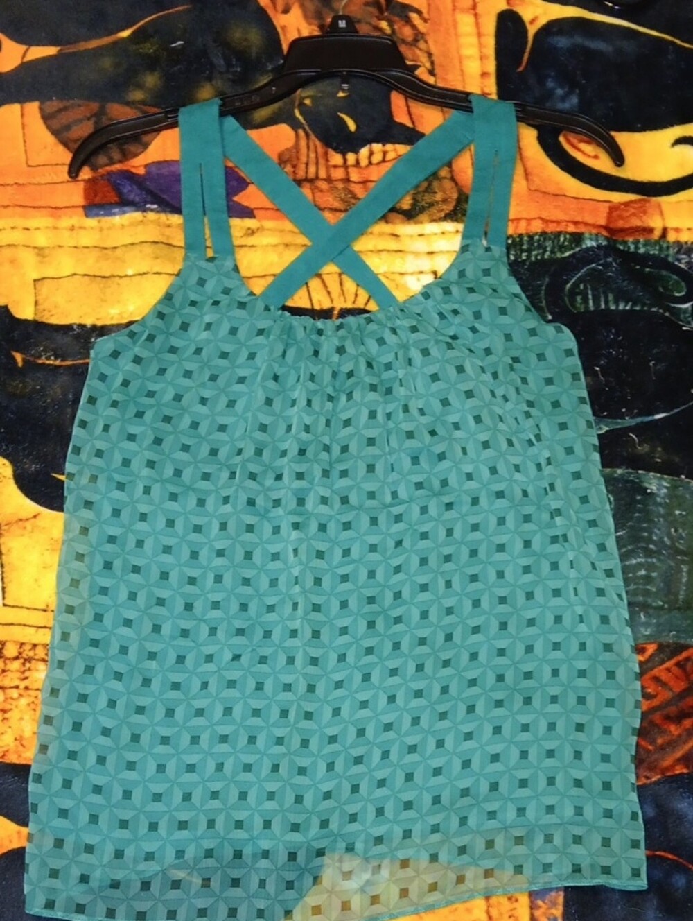 New York & Company Teal Geometric Crisscross Back Camisole